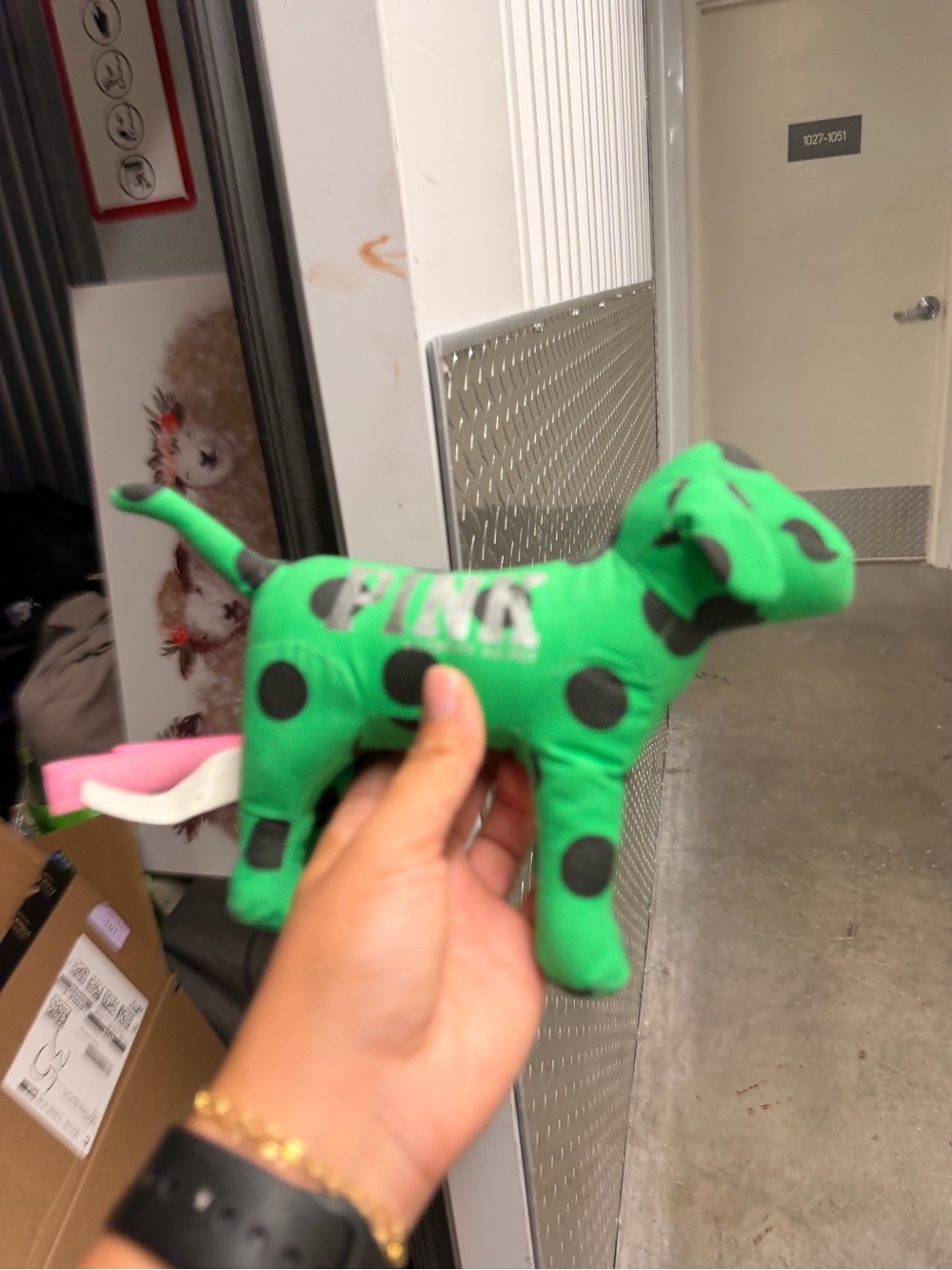 PINK Victoria's Secret Green Polka Dot Plush Dog Toy with Pink Tail Accent